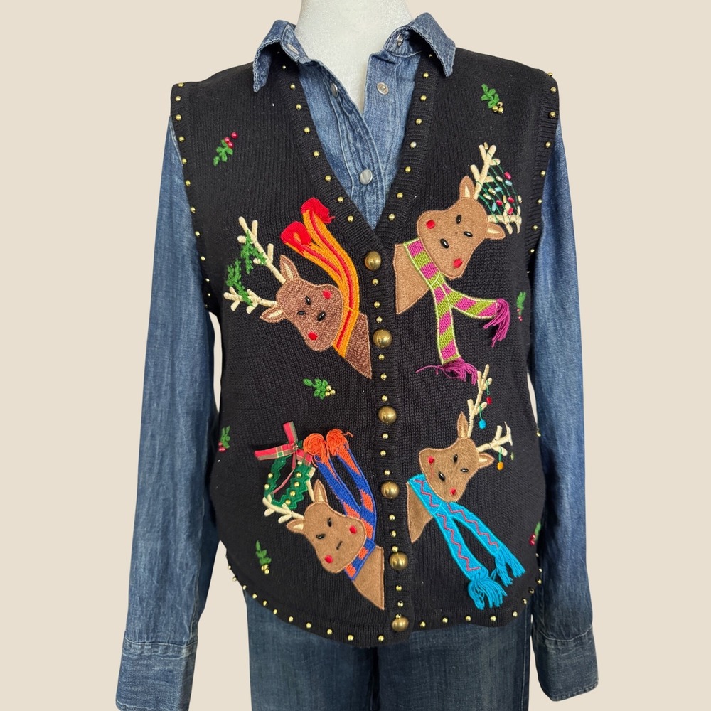 Vintage 90s Mercer Street Studio Reindeer Christmas Sweater Vest Petite M